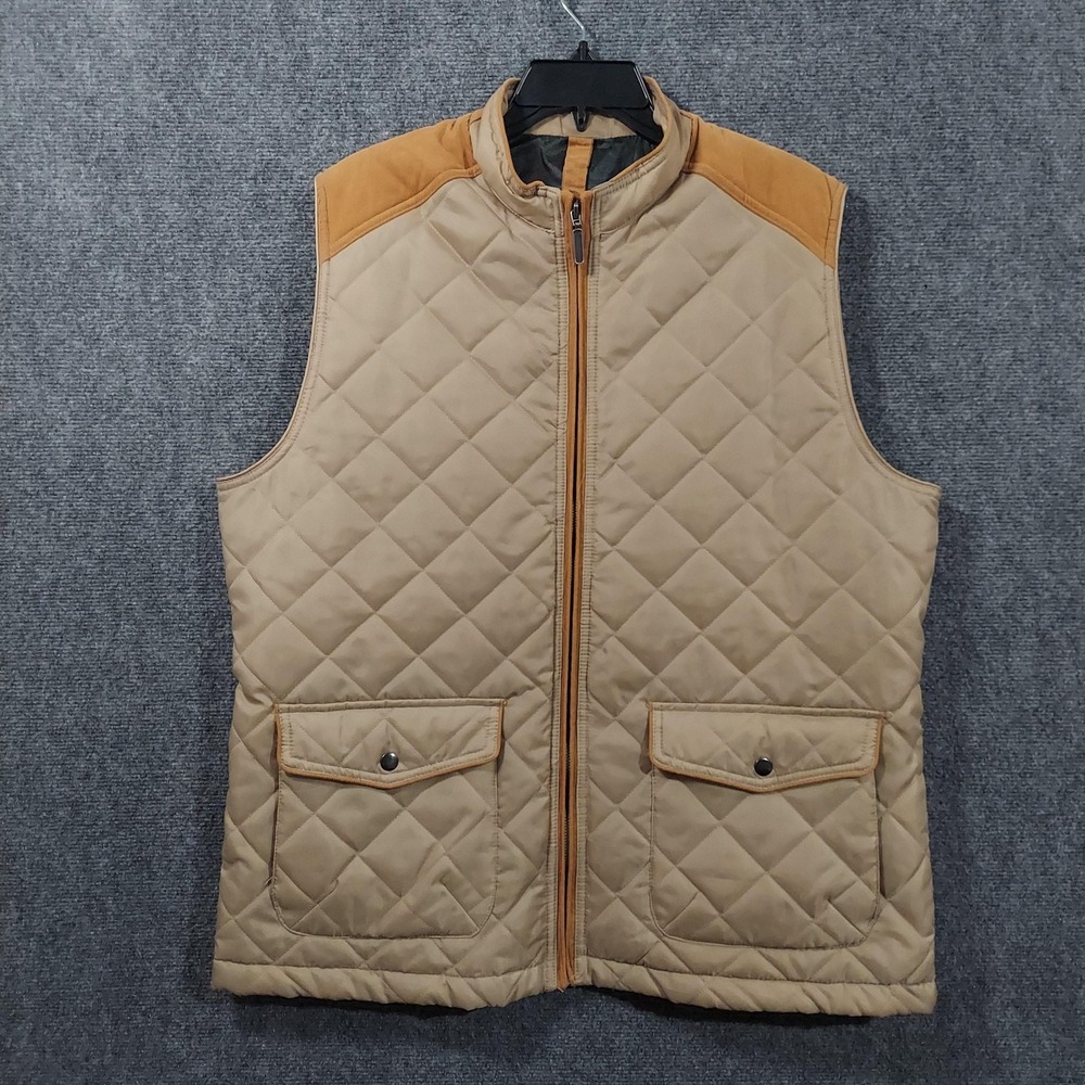 Alan Flusser Vest Mens XL Beige Quilted Full Zip Paisley Lined Outdoor Pockets